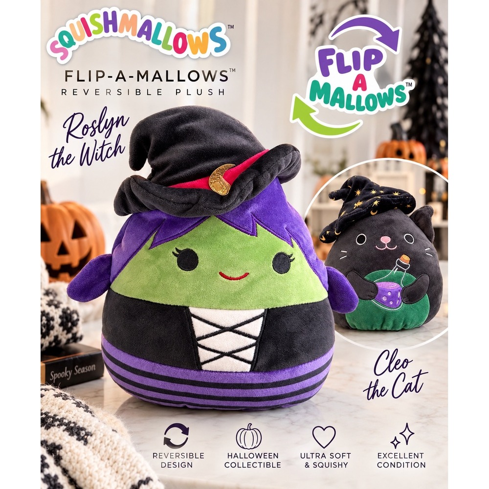 Squishmallows FlipAMallows Roslyn Witch Cleo Cat Halloween Reversible Plush